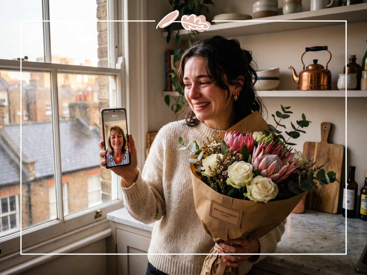 South African expat in London on a video call with her mom while holding a fresh protea birthday bouquet from Fabulous Flowers