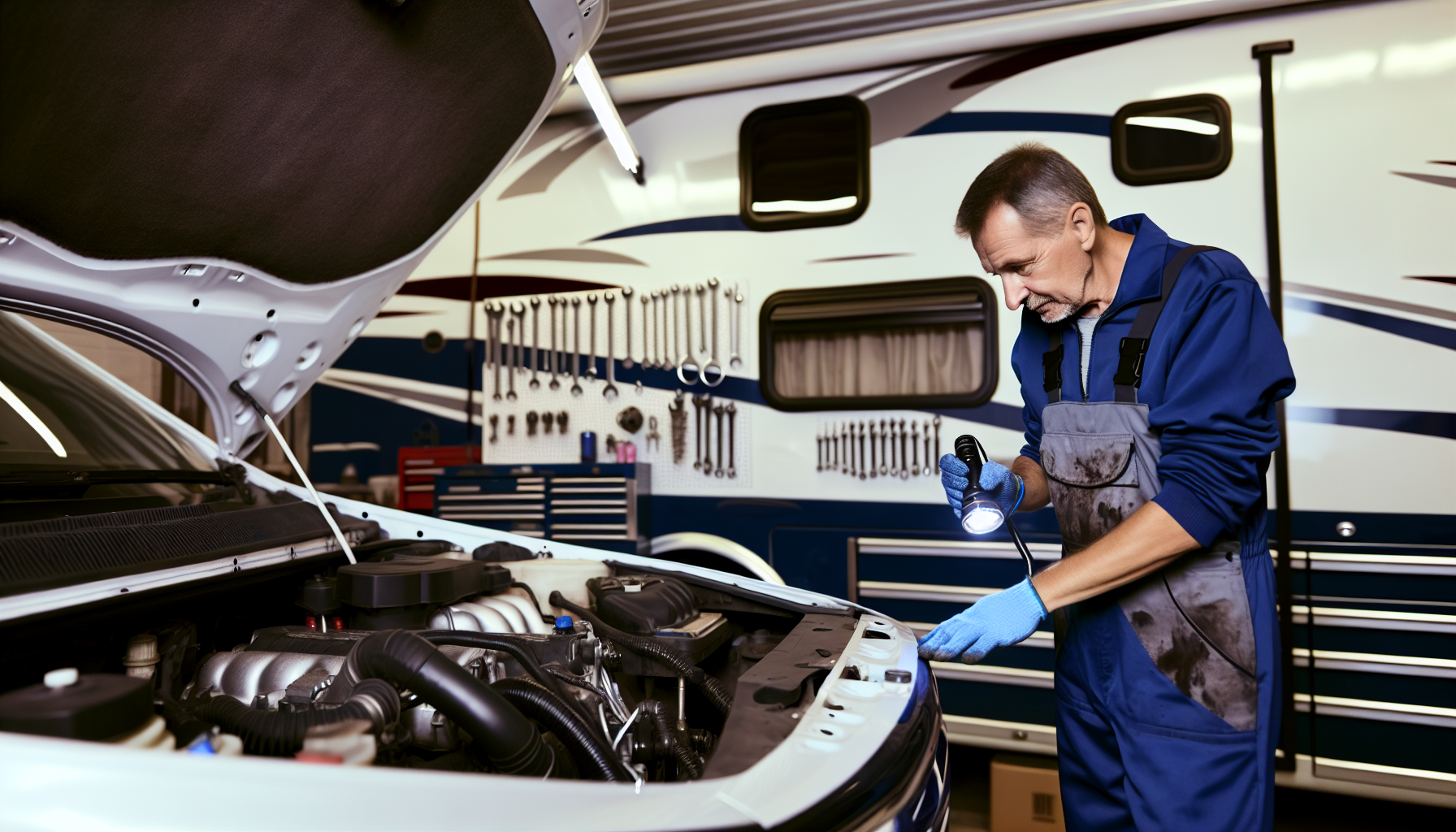 Mechanic inspecting an RV engine