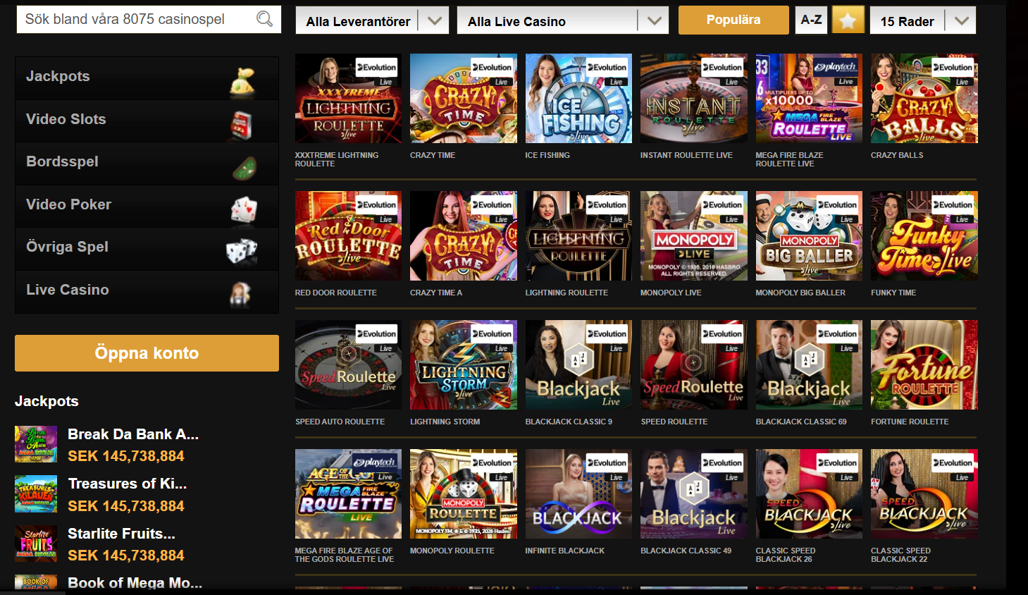 Live casino hos Videoslots.