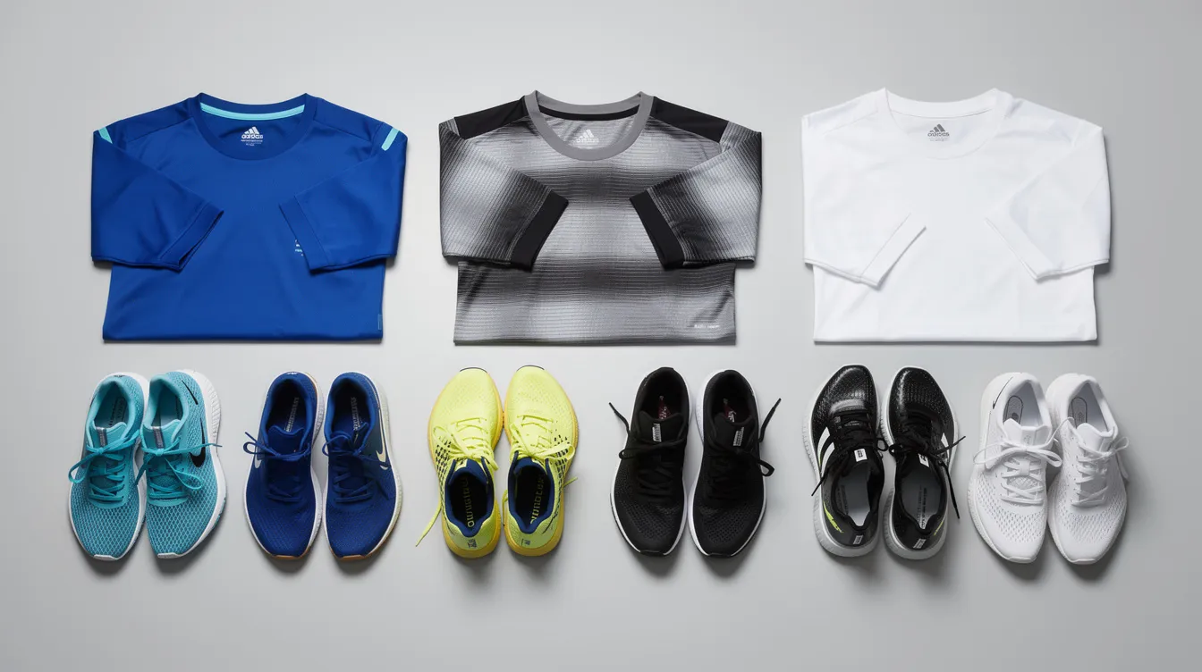 Auf dem Bild sind verschiedene Sportschuhe und Trikots ordentlich nebeneinander auf einem hellen Hintergrund angeordnet. Die Auswahl zeigt eine Vielzahl von Farben und Designs, die für sportliche Aktivitäten und den Alltag geeignet sind, und vermittelt einen Eindruck von Qualität und Preis-Leistungs-Verhältnis, das Kunden bei sportdeal24 erwarten können.