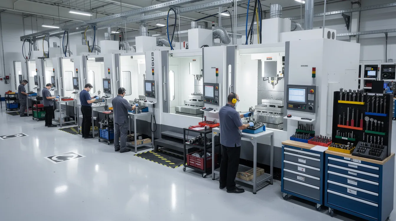 The image depicts a wide view of a modern CNC machining shop floor in China, featuring rows of vertical machining centers where operators are actively working. The organized tooling stations highlight the efficiency and precision essential for producing components with complex geometries, catering to industries like automotive and medical while ensuring strict quality control.