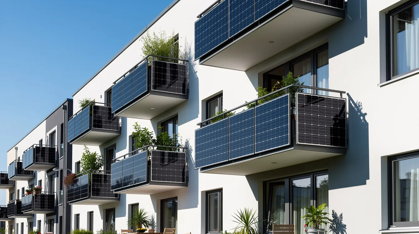 Das Bild zeigt mehrere Balkone eines Wohngebäudes, die mit Solarmodulen ausgestattet sind und im Sonnenlicht strahlen. Diese Balkonkraftwerke ermöglichen es Mietern, ihren eigenen Solarstrom zu erzeugen und somit die Stromkosten zu senken.