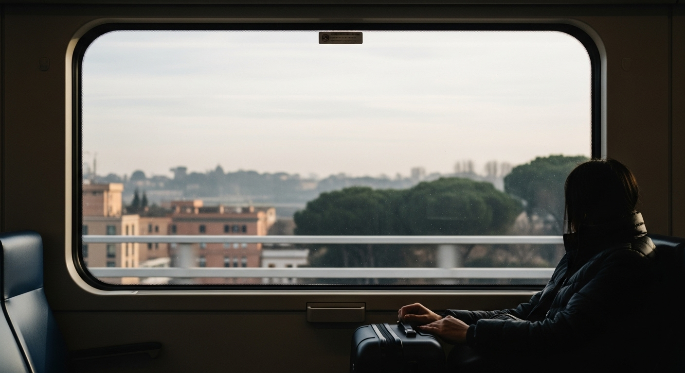 A traveler sits quietly with a carry-on suitcase, looking out a train window near Rome’s airport as soft morning light marks the start of the city experience.