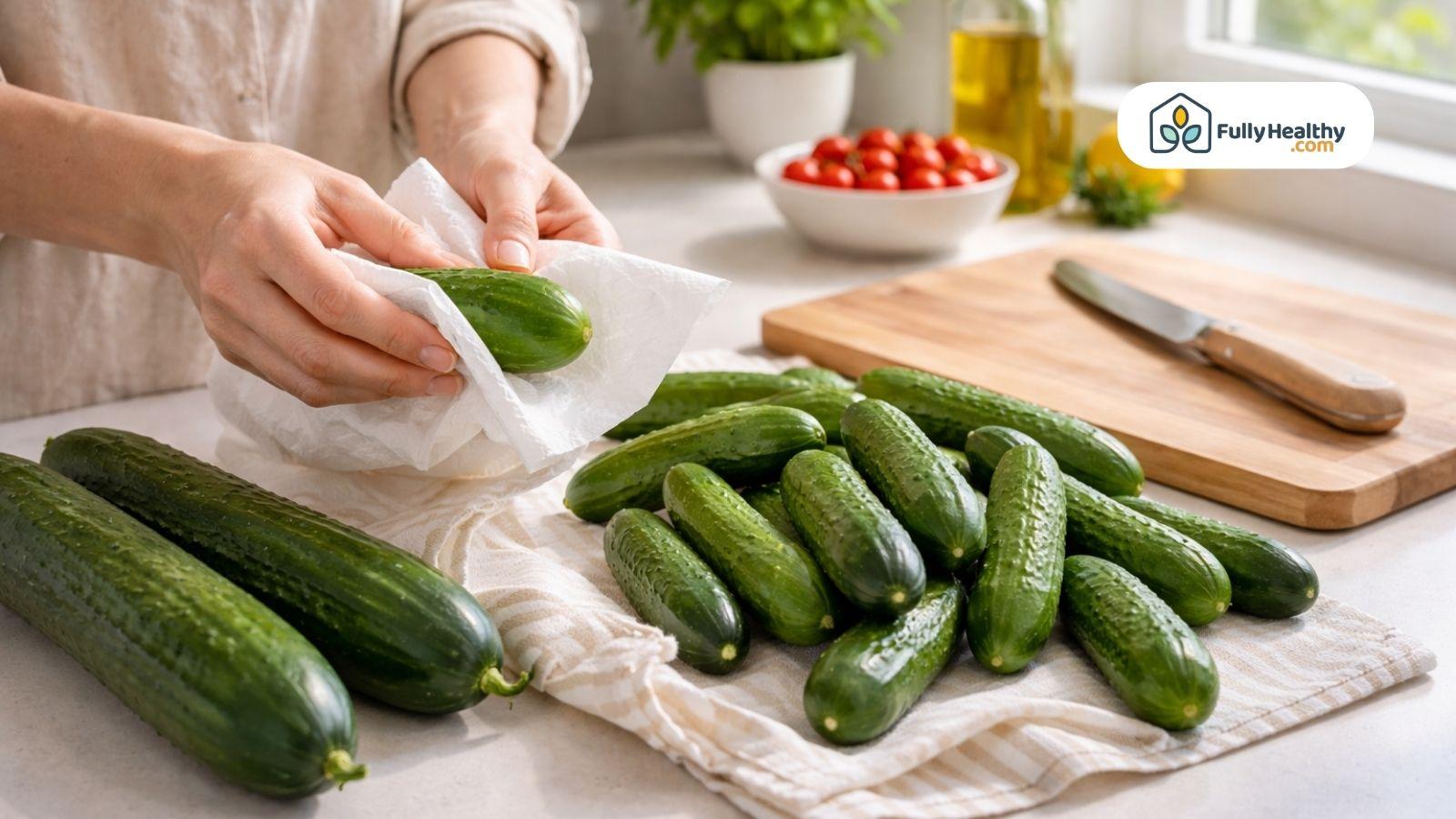 Wrapping fresh cucumbers in paper towel on kitchen counter preparation