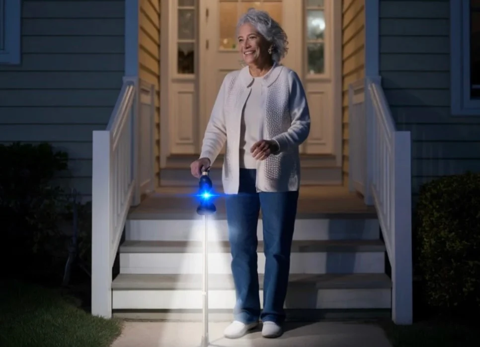 Woman walking outside home with LED cane
