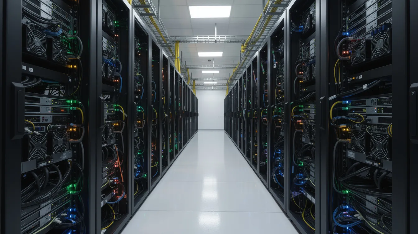 The image shows a server room filled with rows of computer equipment, each device illuminated by blinking indicator lights, creating a vibrant and busy atmosphere. This environment is essential for managing online status and multiplayer options, akin to the chaos cubed features found in Minecraft server setups.