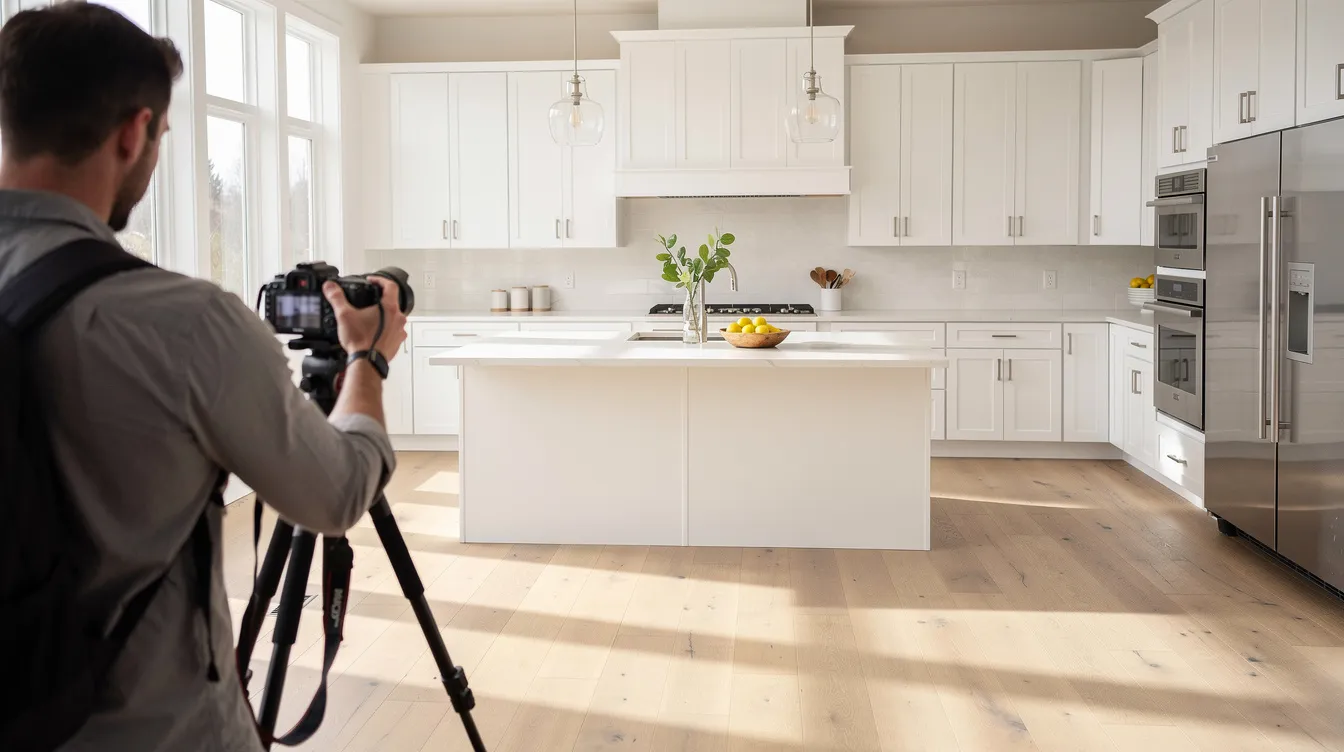 A real estate photographer captures a bright, staged kitchen featuring white countertops and abundant natural light, designed to attract potential buyers and showcase the home's aesthetic appeal. The inviting space is ideal for families, helping buyers envision their future in the home while improving curb appeal for a successful sale.