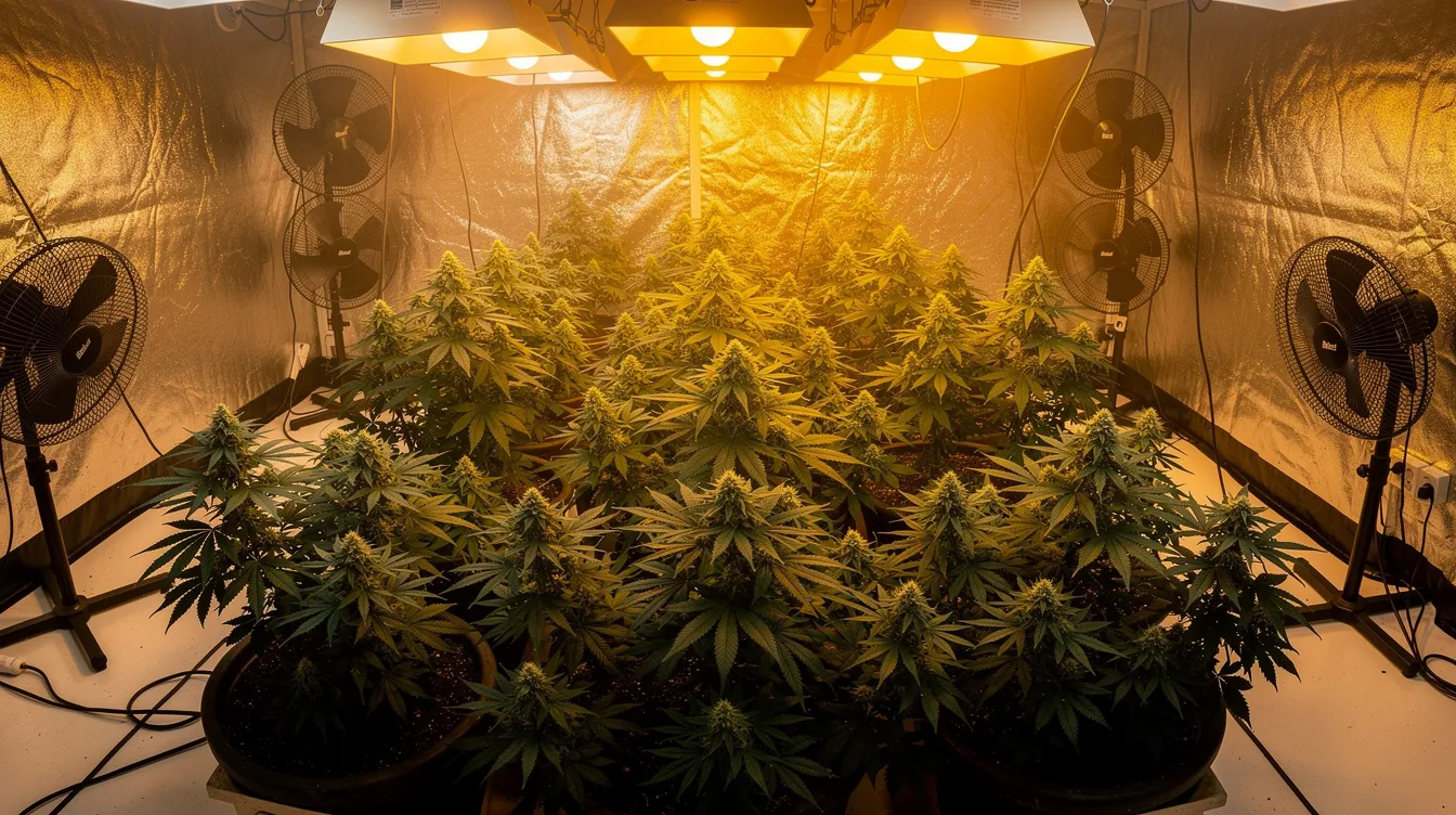 The image depicts an indoor cannabis grow room filled with lush green plants, specifically showing dense flowering varieties organized in neat rows under warm growing lights. Visible fans help maintain air circulation, creating an ideal environment for cultivating high-yield strains like Skywalker OG, known for its potent effects and therapeutic benefits such as pain relief and anxiety reduction.