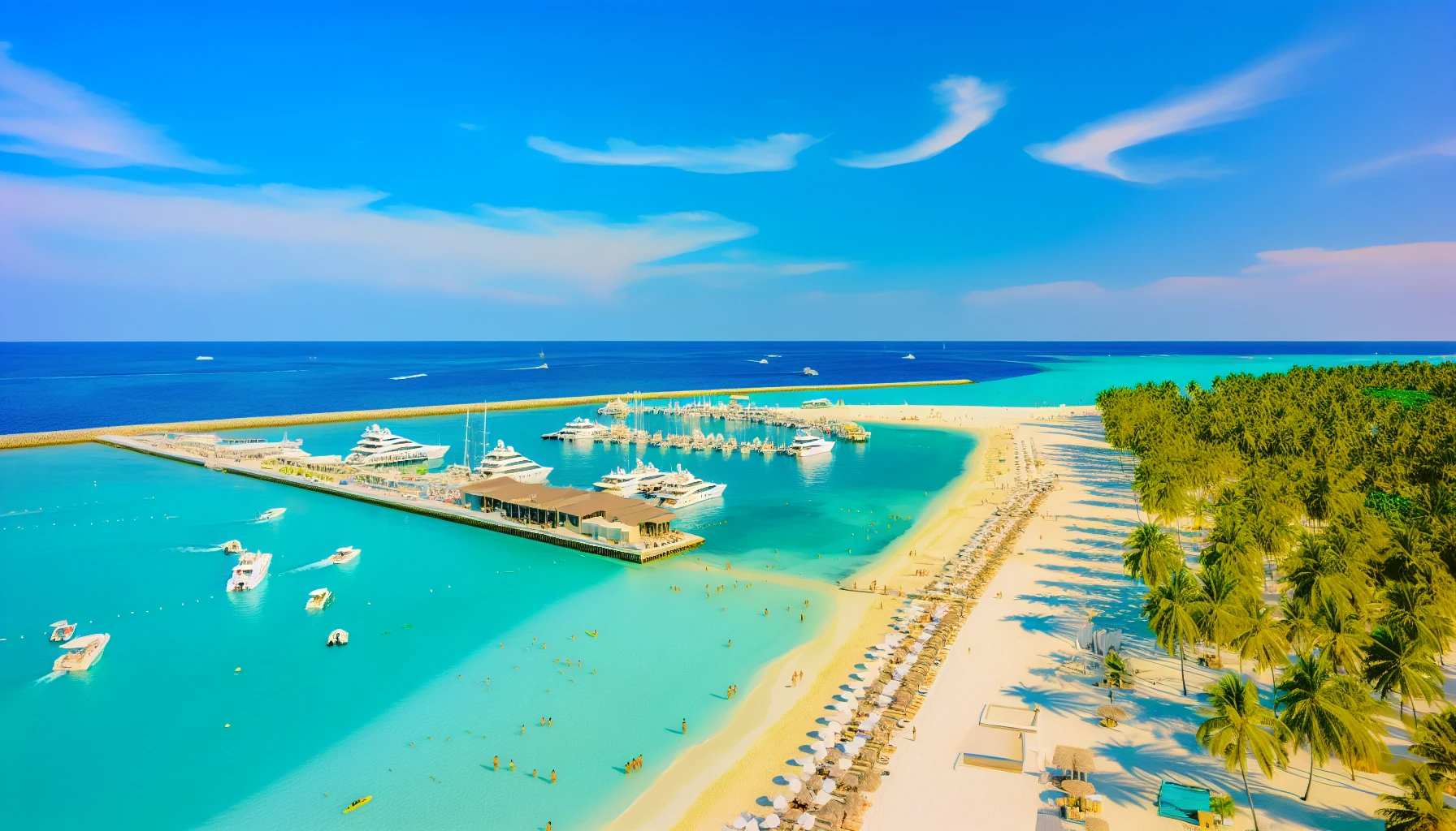 Luxurious white sand beach with a marina