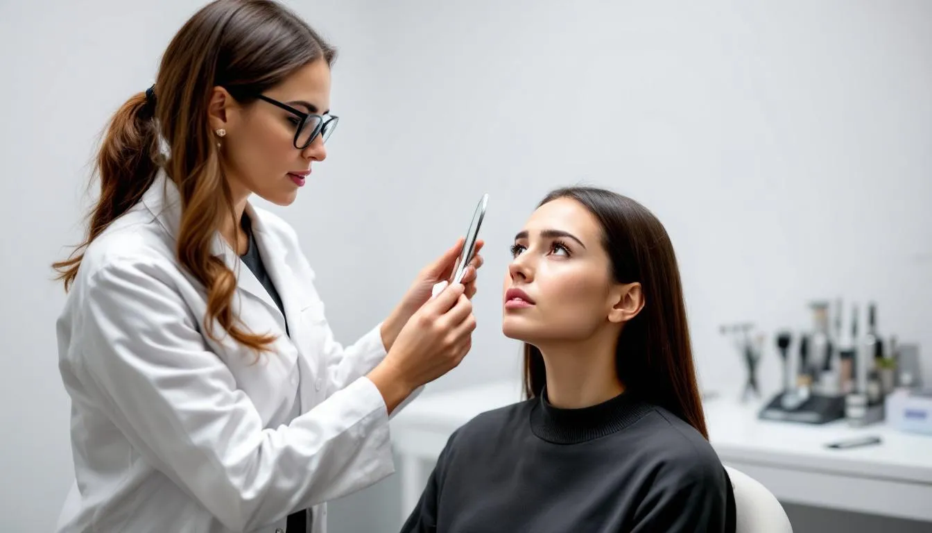 Una mujer profesional está analizando las proporciones faciales de una cliente utilizando herramientas especializadas, enfocándose en la forma del rostro y los rasgos como pómulos y mandíbula. Este estudio es parte del visagismo, una técnica que busca resaltar la belleza natural y adaptar estilos de maquillaje y corte de cabello a cada persona.
