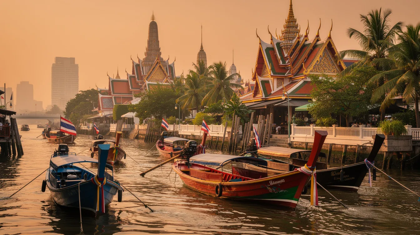 A imagem mostra longtail boats coloridos navegando em um canal de Bangkok, com templos tradicionais ao fundo, refletindo a vibrante cultura tailandesa. Este cenário é um exemplo perfeito de turismo na Tailândia, destacando a beleza dos pontos turísticos da cidade.