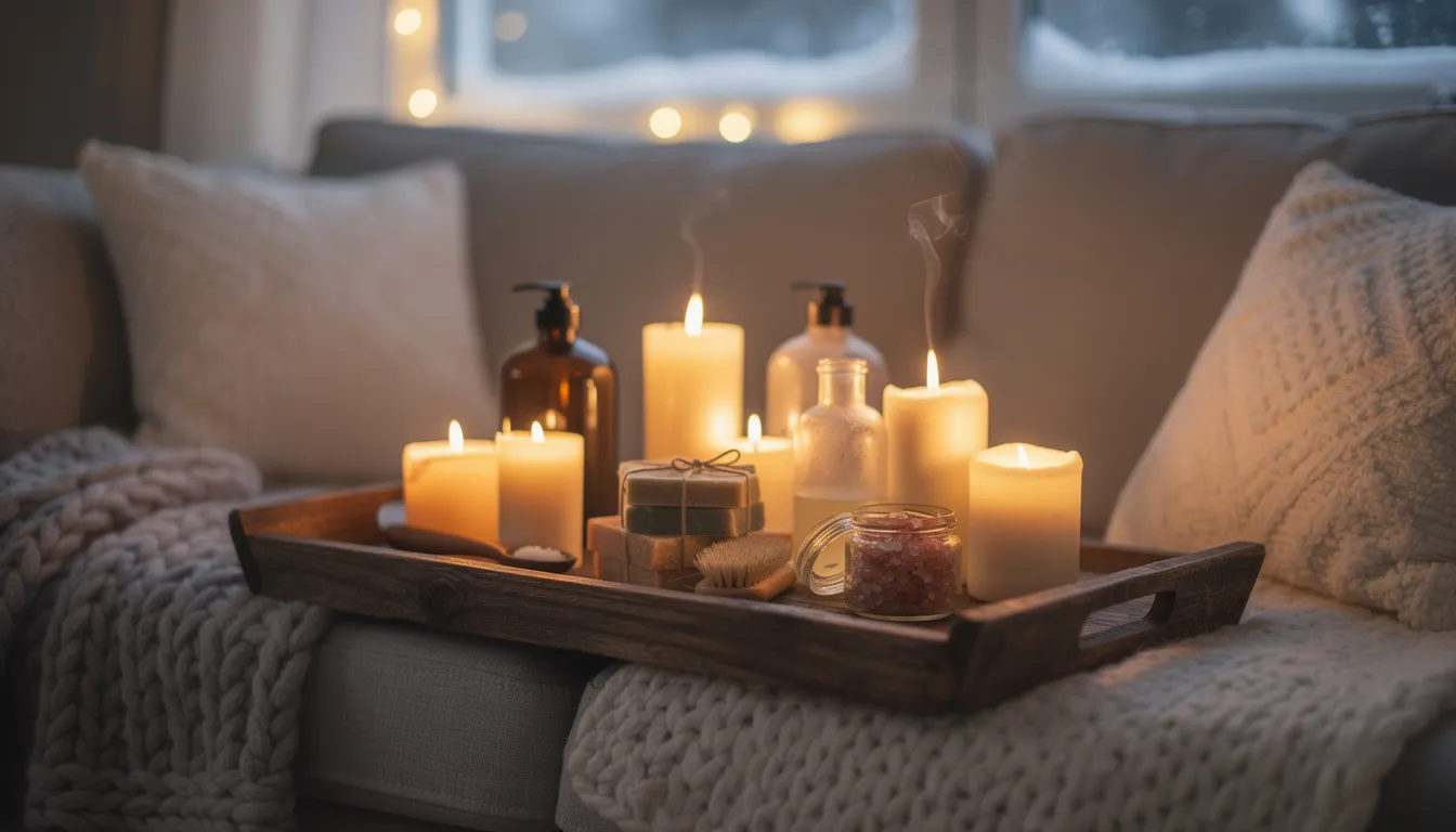 The image depicts a cozy winter evening scene featuring lit candles, soft blankets, and an assortment of artisan bath products, including bath salts and a full moon bath bomb, beautifully arranged on a wooden tray, perfect for a self care subscription box experience. This inviting setup creates a serene atmosphere ideal for a self care ritual, promoting relaxation and well-being.