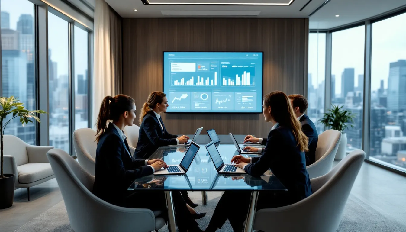 In a modern hotel management office, a diverse team is collaborating with advanced technology systems to streamline financial reporting and enhance operational efficiency in the lodging industry. They are discussing valuable business insights related to hotel accounting, focusing on key metrics and expense categories to improve decision-making for hotel owners and management companies.