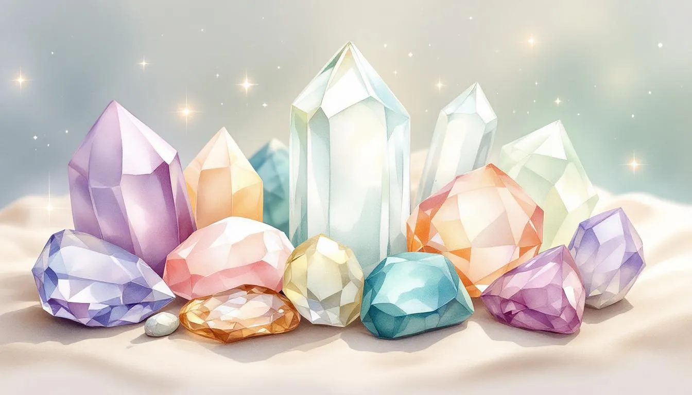 A close-up of different healing crystals and stones arranged beautifully.