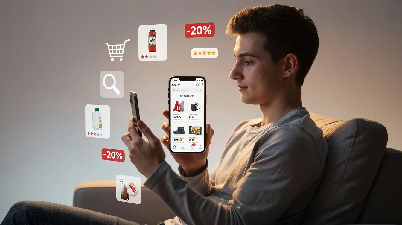 A person is engaged in browsing products on a smartphone, surrounded by various shopping and search elements that suggest digital marketing tools and SEO strategies. The scene highlights the integration of technology in shopping, with visual cues reminiscent of tools like Google Analytics and keyword research tools.