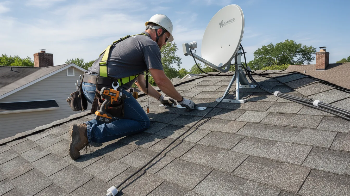 A technician is seen securely mounting a satellite dish on a residential rooftop, ensuring proper alignment for optimal signal quality. This professional service is part of the affordable DSTV installation services offered in Claremont, aimed at providing uninterrupted viewing for customers.