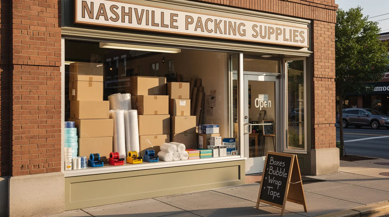 The image showcases a variety of Nashville packing supplies, including boxes, bubble wrap, and specialty boxes designed for protecting items during moving. The display highlights different sizes and types of packing materials available for purchase, emphasizing their usefulness in ensuring safe transportation of goods.