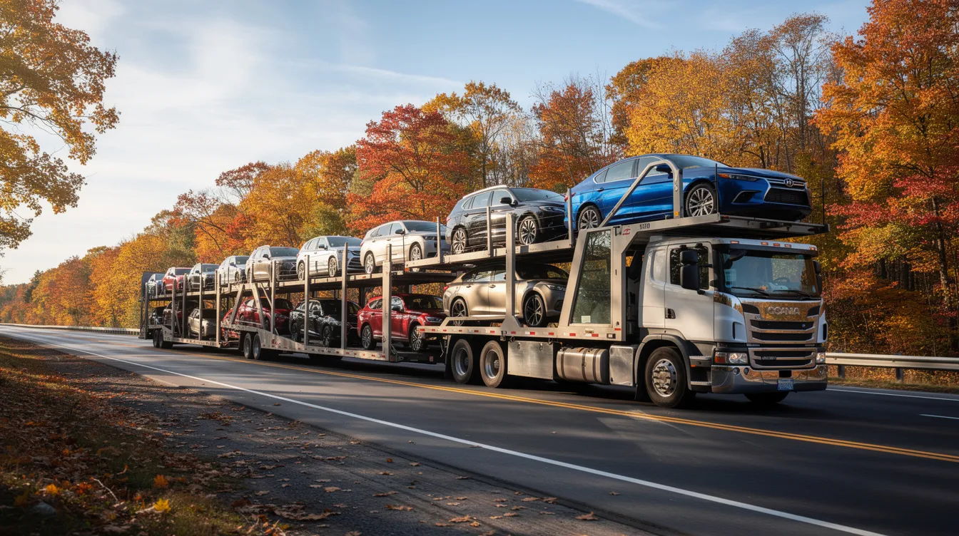 A multi-car carrier truck is driving along a Michigan highway, surrounded by vibrant autumn trees. This image represents auto transport services, showcasing the vehicle transport process in a picturesque setting.