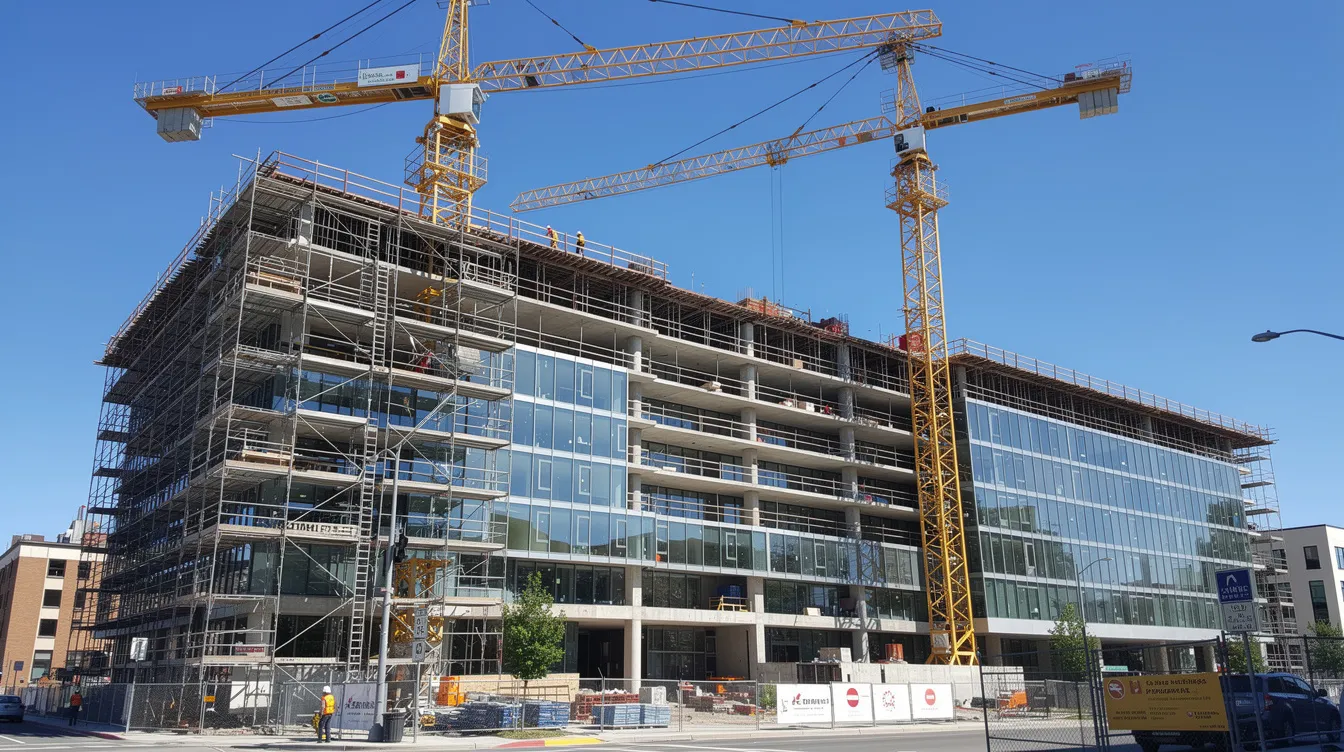 The image depicts a modern hotel building under construction, featuring scaffolding and cranes against a clear blue sky. This scene highlights the ongoing development in the hospitality sector, showcasing the investment and financing options involved in creating new accommodations.