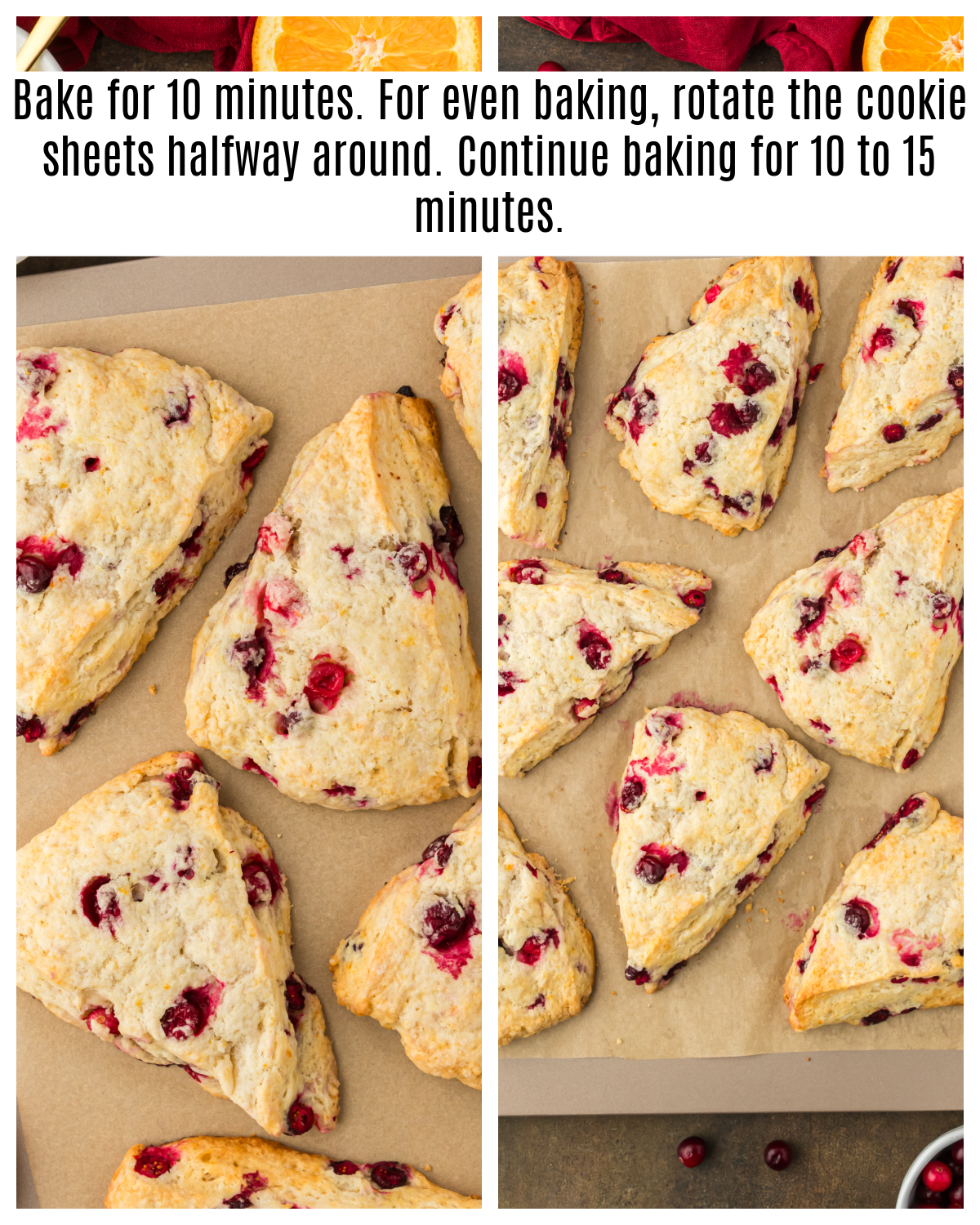 baked cranberry orange scones on parchment lined  prepared baking sheet