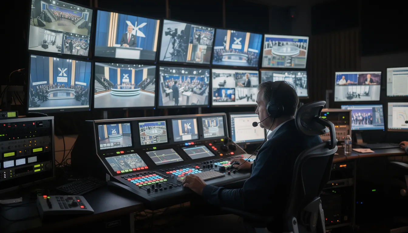The image depicts a production control room filled with multiple monitors displaying various camera angles, while a director is focused on a video switching console, managing the live feed and ensuring a seamless production process. The environment reflects a high level of expertise and efficiency in video management and production strategies.