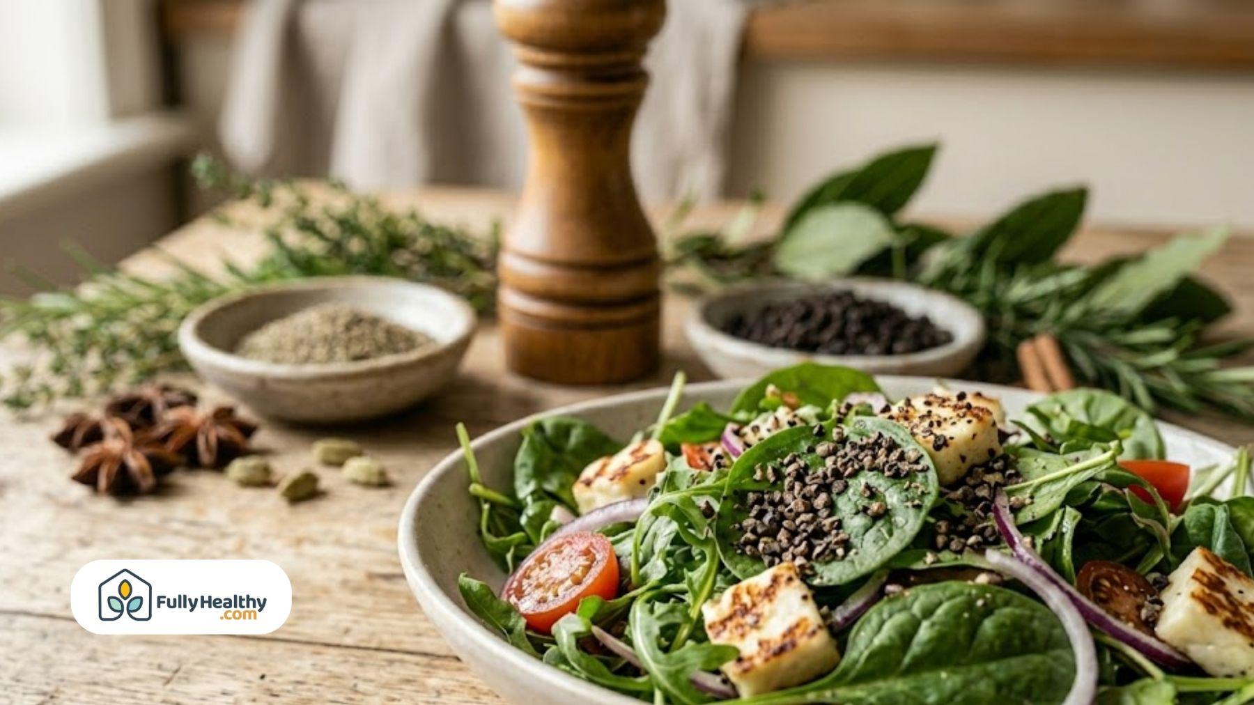 Fresh salad with leafy greens, cheese, and cracked black pepper with spices in the background.