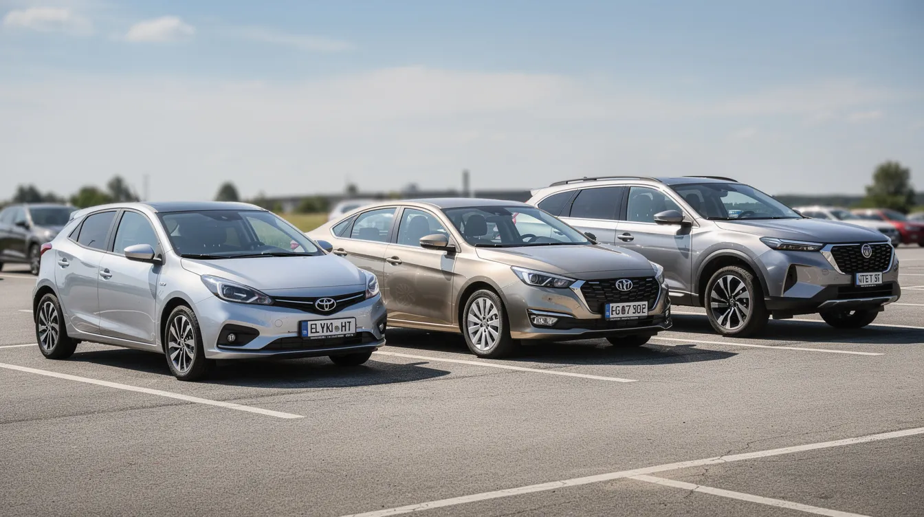 A sunny parking lot features a row of three different rental cars: a small hatchback, a mid-size sedan, and an SUV, showcasing the variety available for customers looking to rent a vehicle in Agadir. This lineup highlights options for families and travelers planning a road trip from Agadir Airport or exploring the city center.