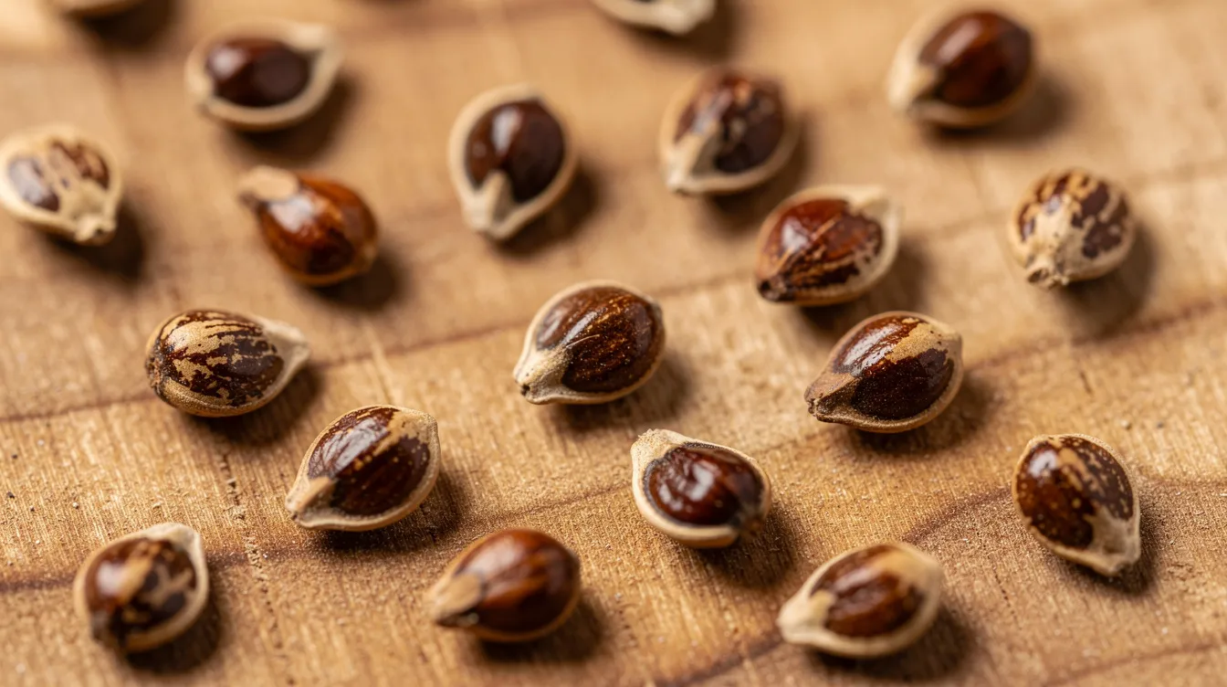 Die Nahaufnahme zeigt mehrere Cannabis Samen, die auf einer natürlichen Holzoberfläche liegen. Die unterschiedlichen Arten von Samen, wie feminisierte und reguläre Samen, sind deutlich zu erkennen und vermitteln einen Eindruck von der Vielfalt in der Cannabis Genetik.