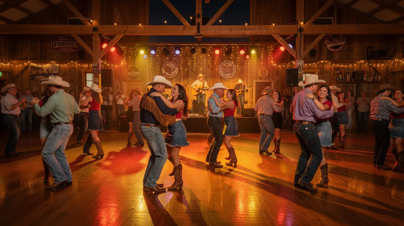 The image depicts a lively country western dance hall filled with couples two-stepping to country music, showcasing the cowboy lifestyle. The atmosphere is vibrant, with people enjoying the night, dressed in cowboy boots and hats, all part of a fun community experience.
