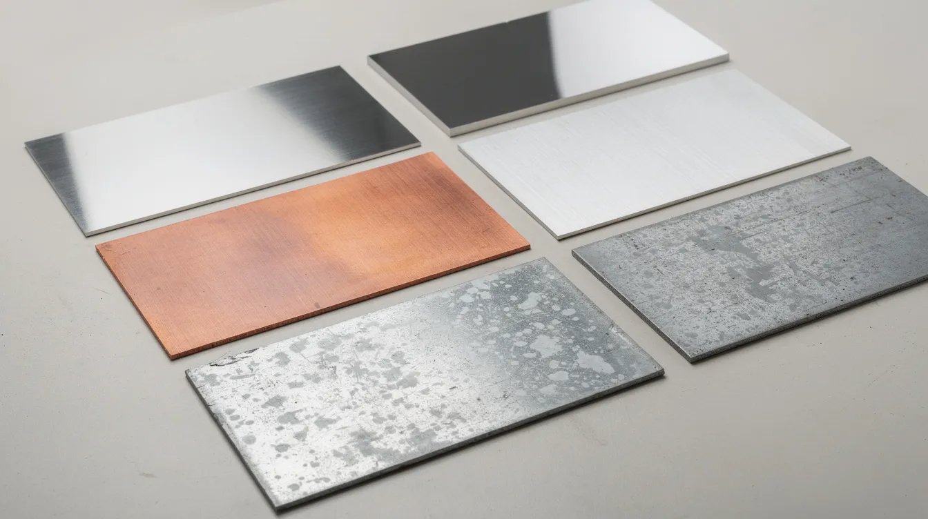A variety of sheet metals is displayed on a wooden table, featuring shiny stainless steel, brushed aluminum, reddish copper strips, and galvanized steel pieces. These materials showcase different finishes and textures, highlighting their suitability for various bending processes and sheet metal parts fabrication.