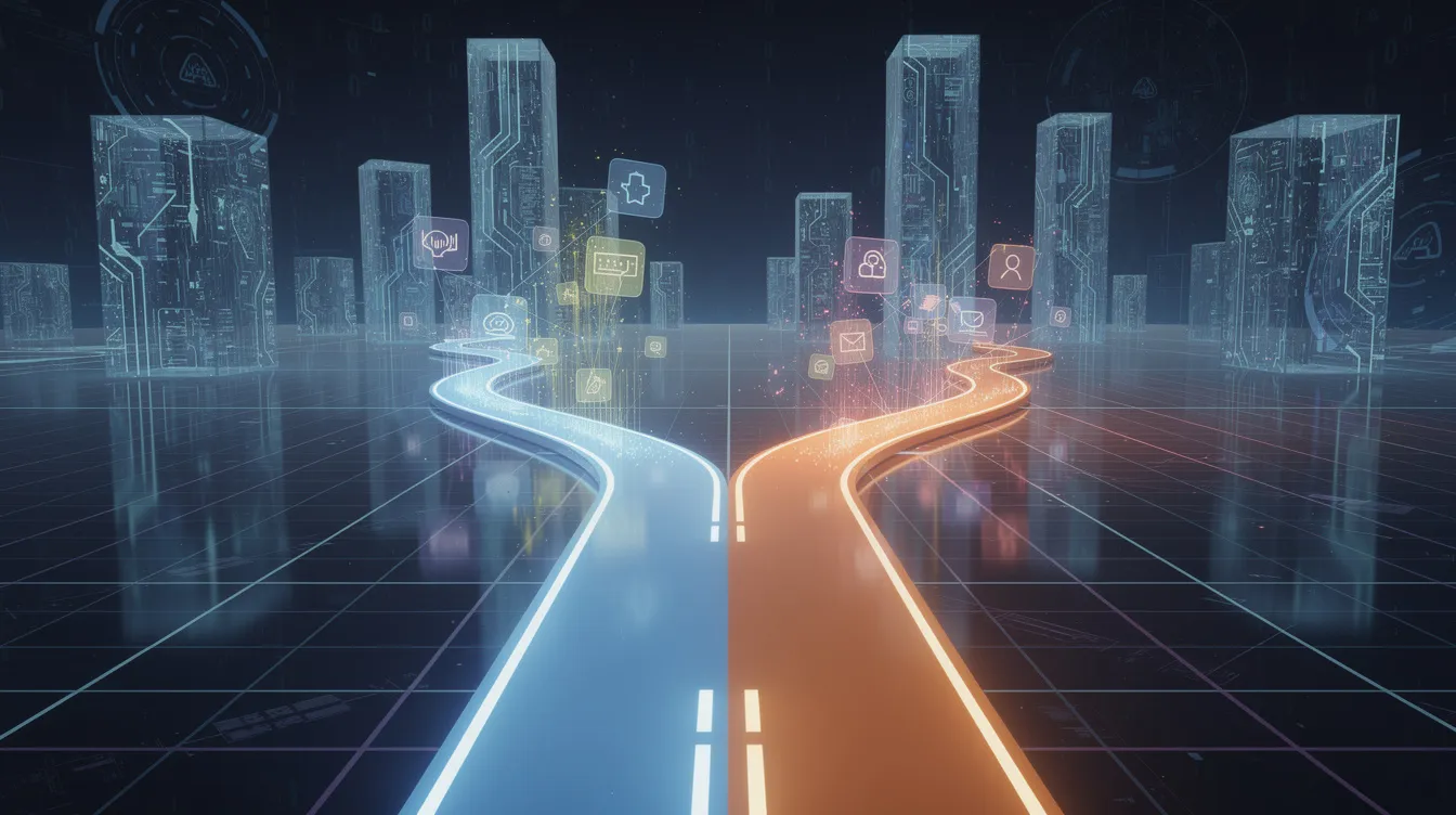 The image depicts a forked pathway in a futuristic digital landscape, symbolizing the decision-making process for security teams when choosing between various technology options. This visual representation highlights the importance of automated vulnerability remediation tools and continuous vulnerability management in navigating the complexities of cloud security and exposure management.