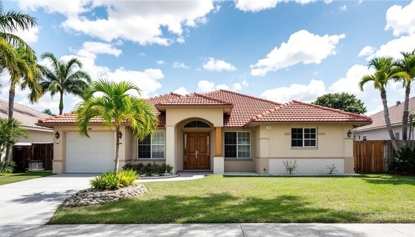 An image of a charming Southwest Florida home located in Fort Myers, featuring a well-maintained exterior and tropical landscaping typical of the San Carlos Park area in Lee County. The setting reflects the warm, inviting atmosphere of the South, ideal for families and residents.
