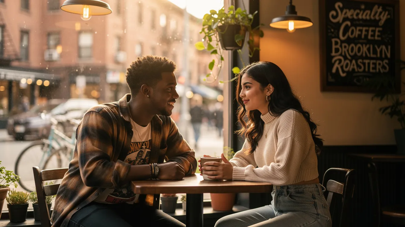 A mixed-race Gen Z couple sits across from each other at a cozy coffee shop in Brooklyn, sharing smiles and laughter on their first date. Their body language reflects emotional intimacy as they engage in light conversation, hinting at the excitement and uncertainty stage of a budding romantic relationship.