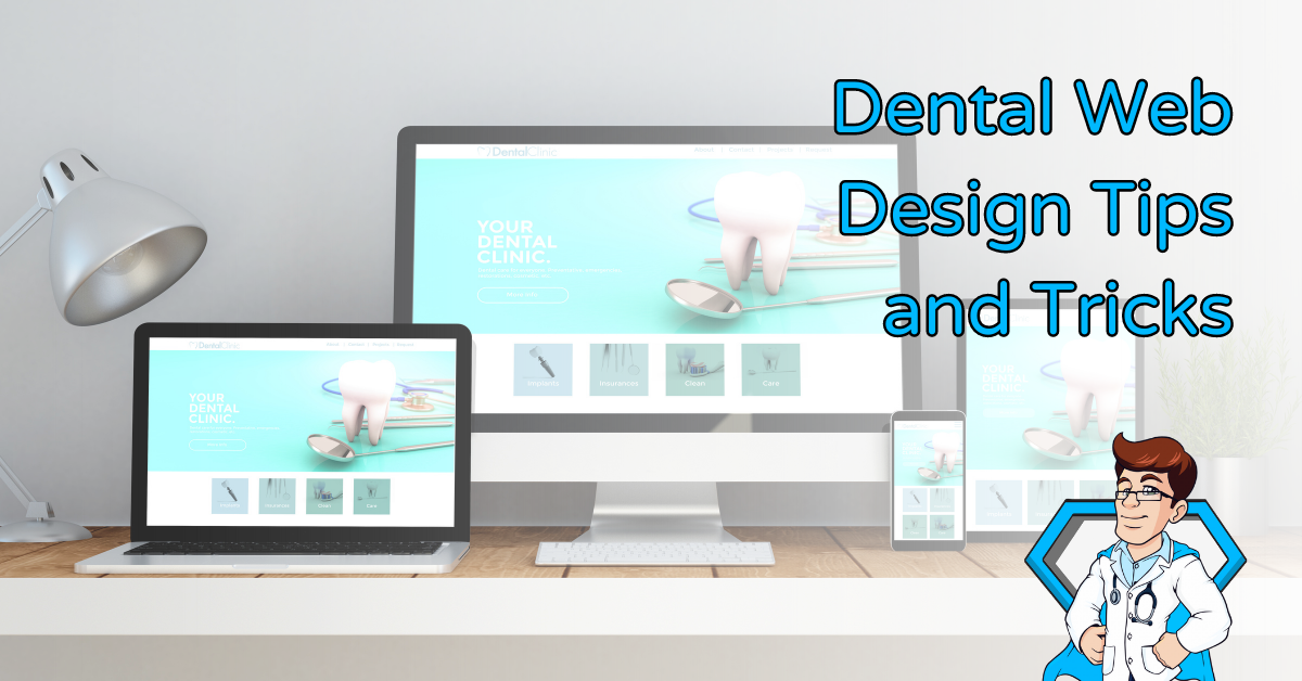 A laptop, personal computer, phone, and tablet all equipped with a responsive dental web design related to many modern dental websites.