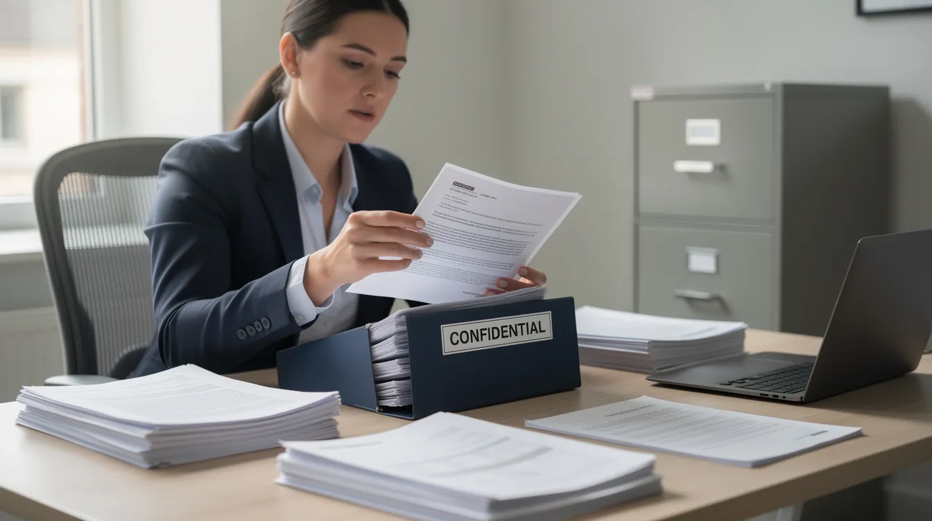 The image depicts a person meticulously reviewing and organizing various documents, such as bank statements and property tax receipts, before placing them into a secure folder, likely in preparation for a loan application or financial assistance related to micro enterprises under the Pradhan Mantri Mudra Yojana. This careful organization highlights the importance of maintaining a satisfactory credit track record and having the necessary documents ready for the application process.