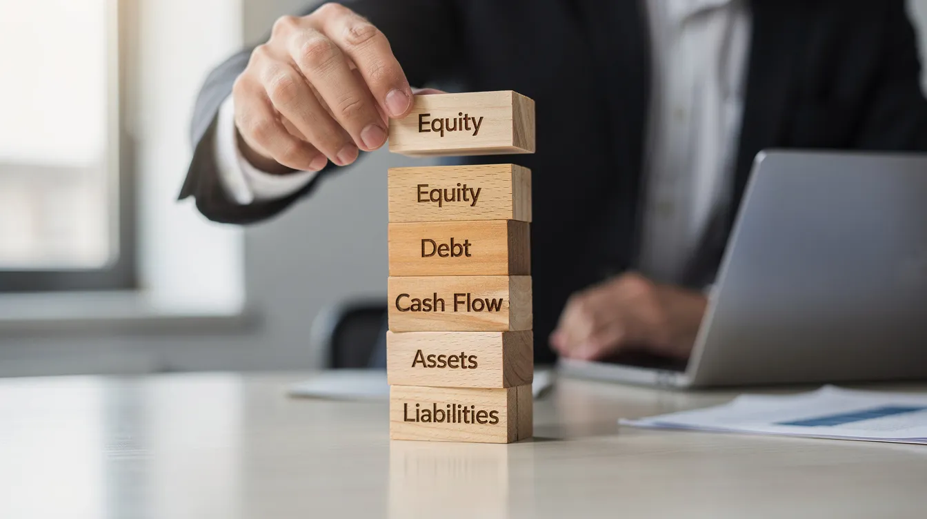 A person is stacking wooden blocks on a desk, symbolizing the layers of a financial structure, which may include concepts like debt service coverage ratio and rental income potential for Illinois real estate investors. Each block represents different aspects of property financing, such as property cash flow and the importance of income verification for dscr loans in Illinois.