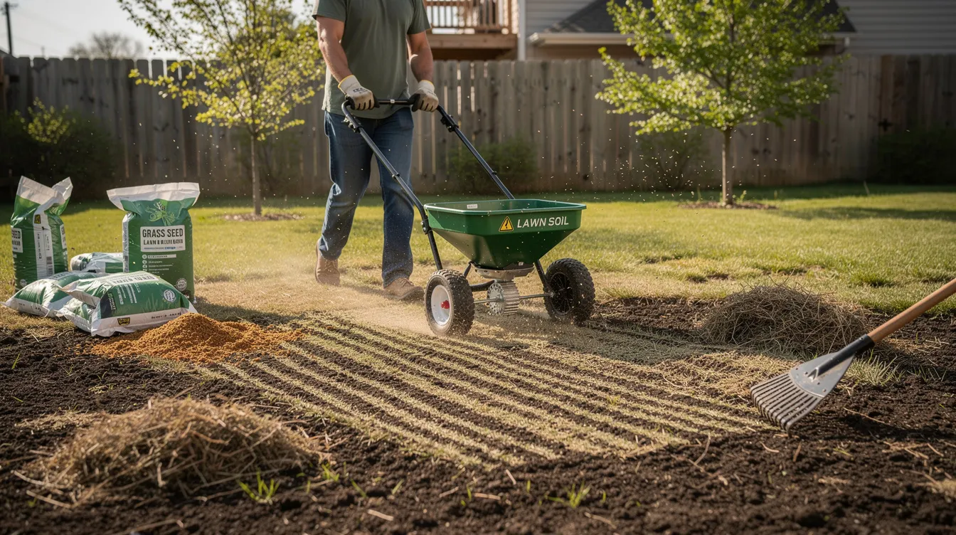 The image depicts a person reseeding a lawn, carefully sowing a mix of grass seed over an existing lawn that has bare patches and thin areas. The individual is using a rake to prepare the soil surface, ensuring the new seeds will germinate effectively for a healthy lawn in early autumn.