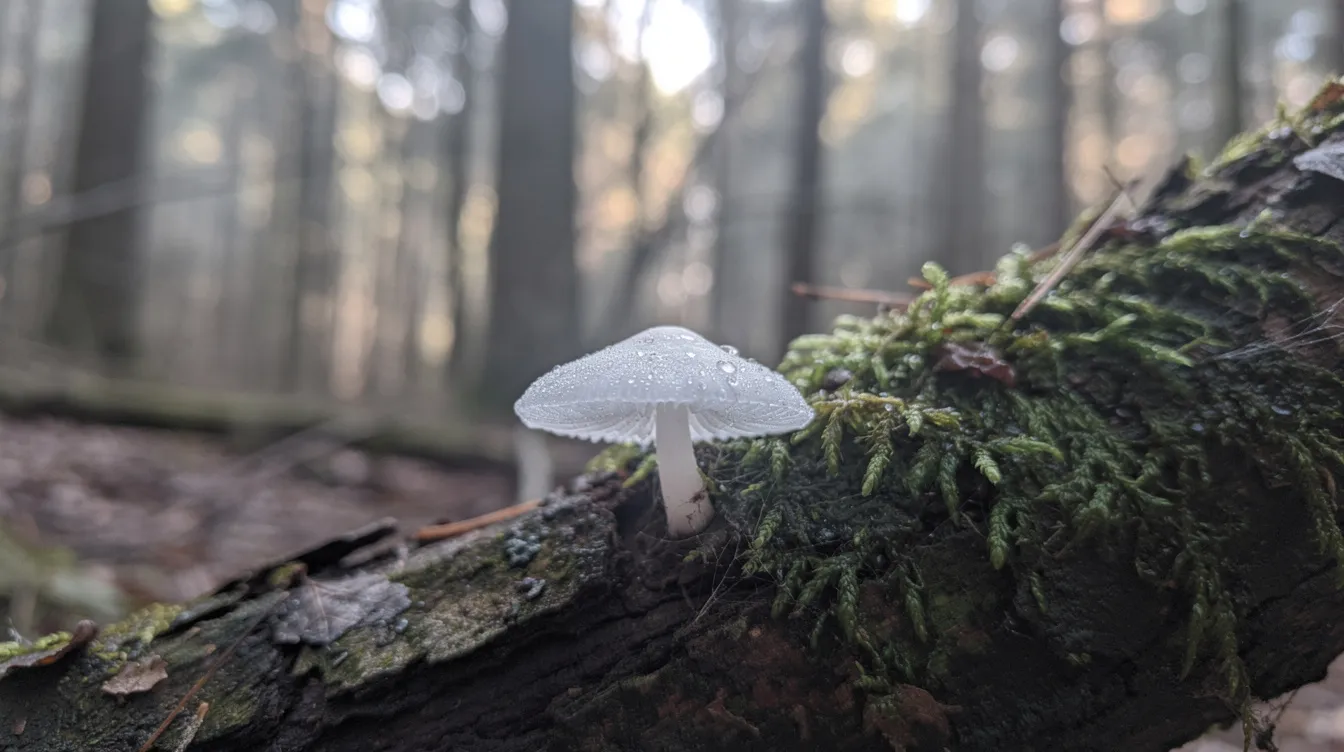 The image features a translucent white snow mushroom growing on a mossy tree branch in a lush forest, highlighting its delicate structure. This mushroom is known for its skincare benefits, including promoting skin elasticity and improving overall skin health.