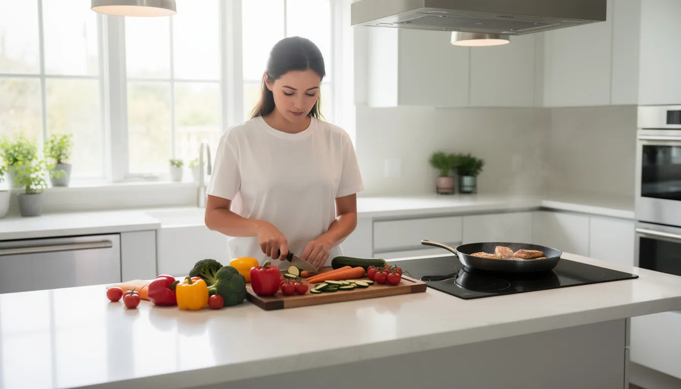 A person is seen preparing a healthy meal in a modern kitchen, surrounded by fresh vegetables and lean protein, which promotes metabolic health and supports cardiovascular health. This scene emphasizes the importance of nutritious food choices in managing body weight and reducing the risk of metabolic disorders.