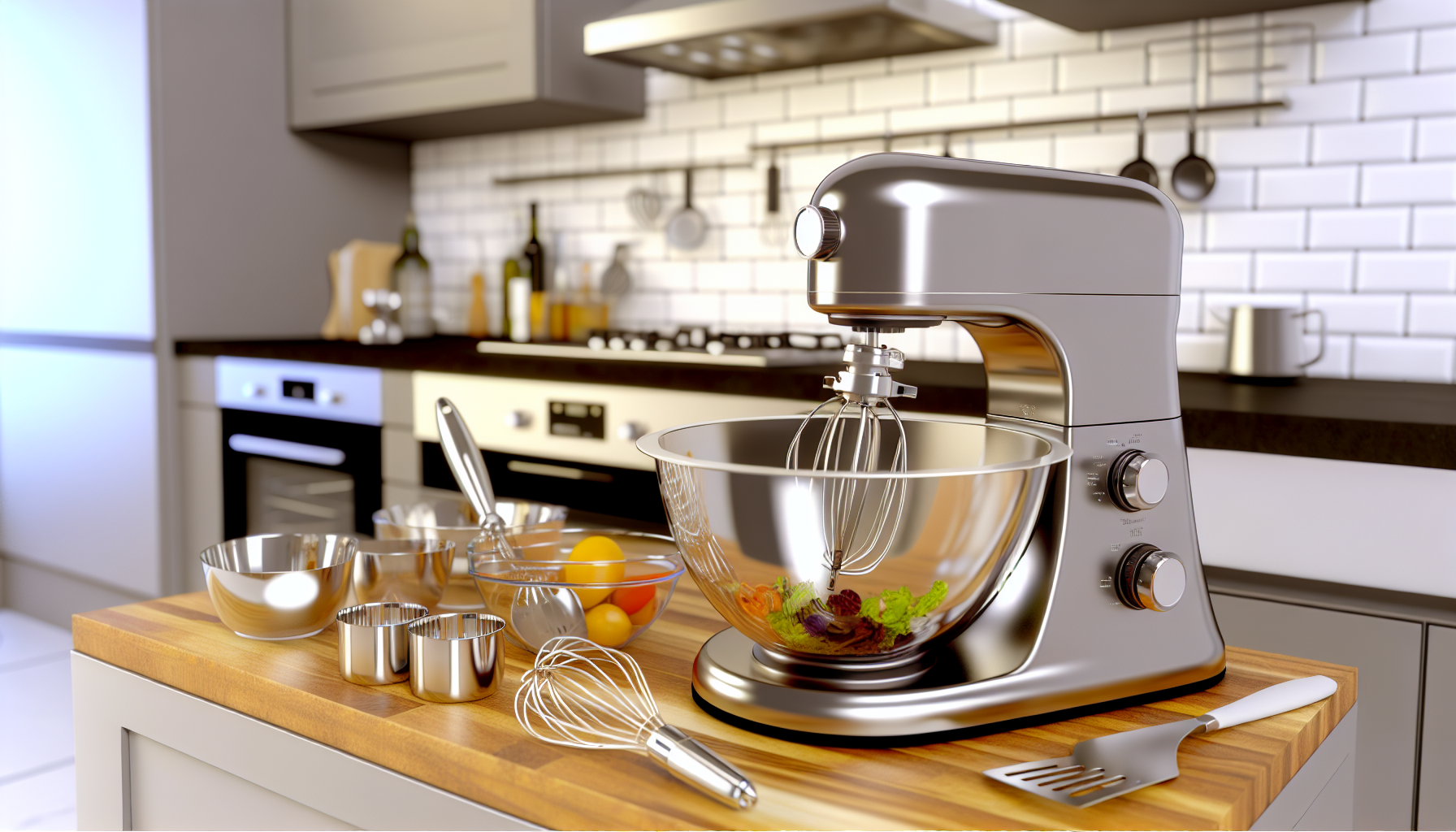 Various kitchen appliances including stand mixers, dough hooks, and mixing bowls