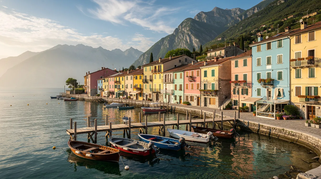 Das Bild zeigt ein malerisches italienisches Dorf am Ufer des Gardasees mit pastellfarbenen Häusern und einem kleinen Hafen, der mit Booten gefüllt ist. Im Hintergrund erheben sich majestätische Berge, die die idyllische Landschaft umgeben und den perfekten Rahmen für einen Urlaub am Gardasee bieten.