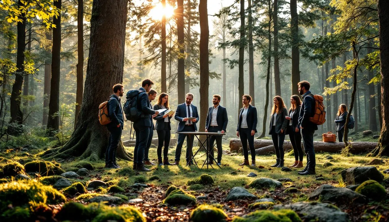 A group of business people is engaged in an outdoor team building activity in a scenic Polish forest, participating in fun games designed to enhance teamwork and collaboration. This event fosters better communication and bonding among colleagues while enjoying the natural beauty of the country.