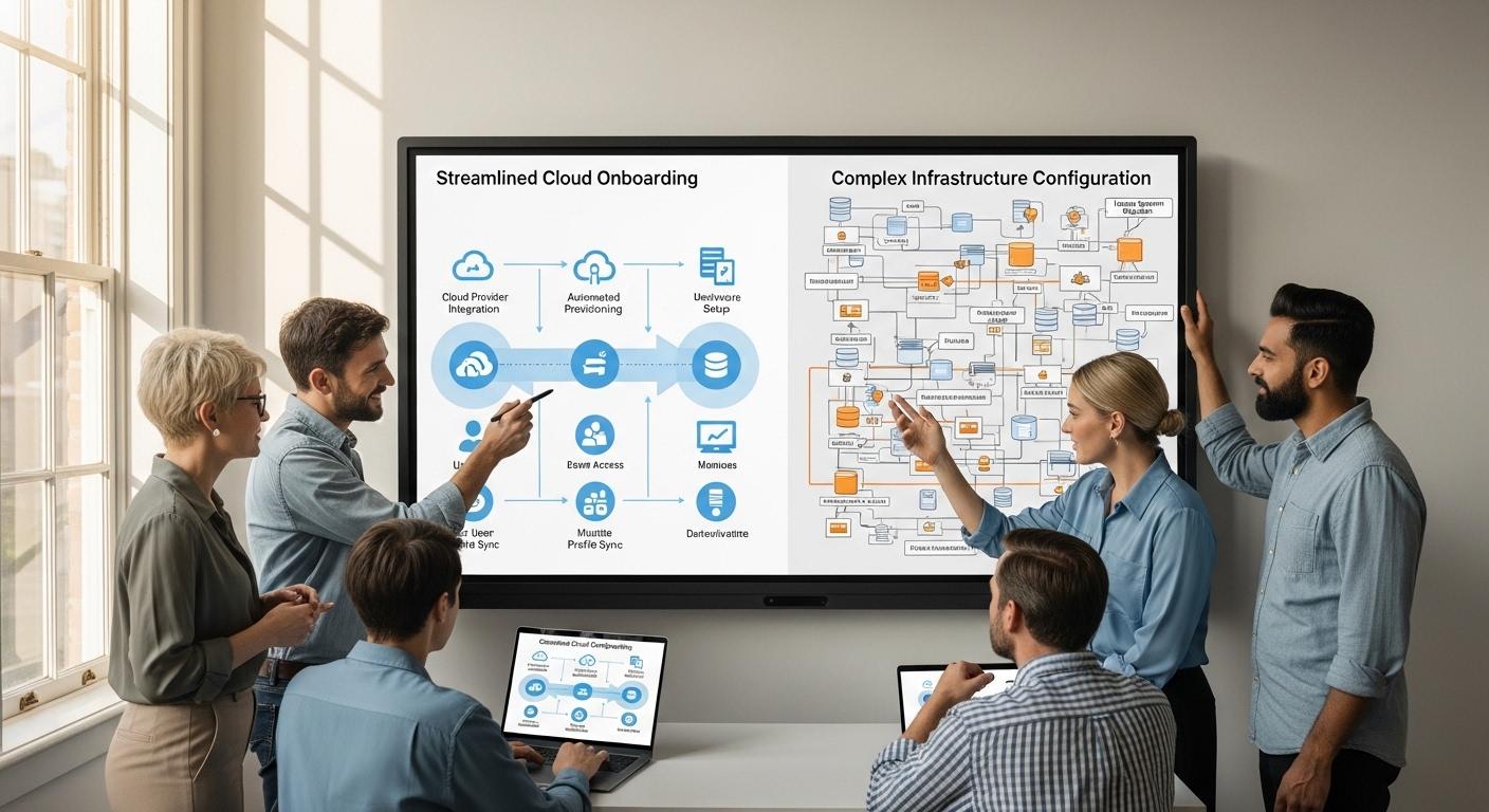 IT team comparing virtual desktop deployment workflows, showing streamlined cloud onboarding alongside complex infrastructure configuration.