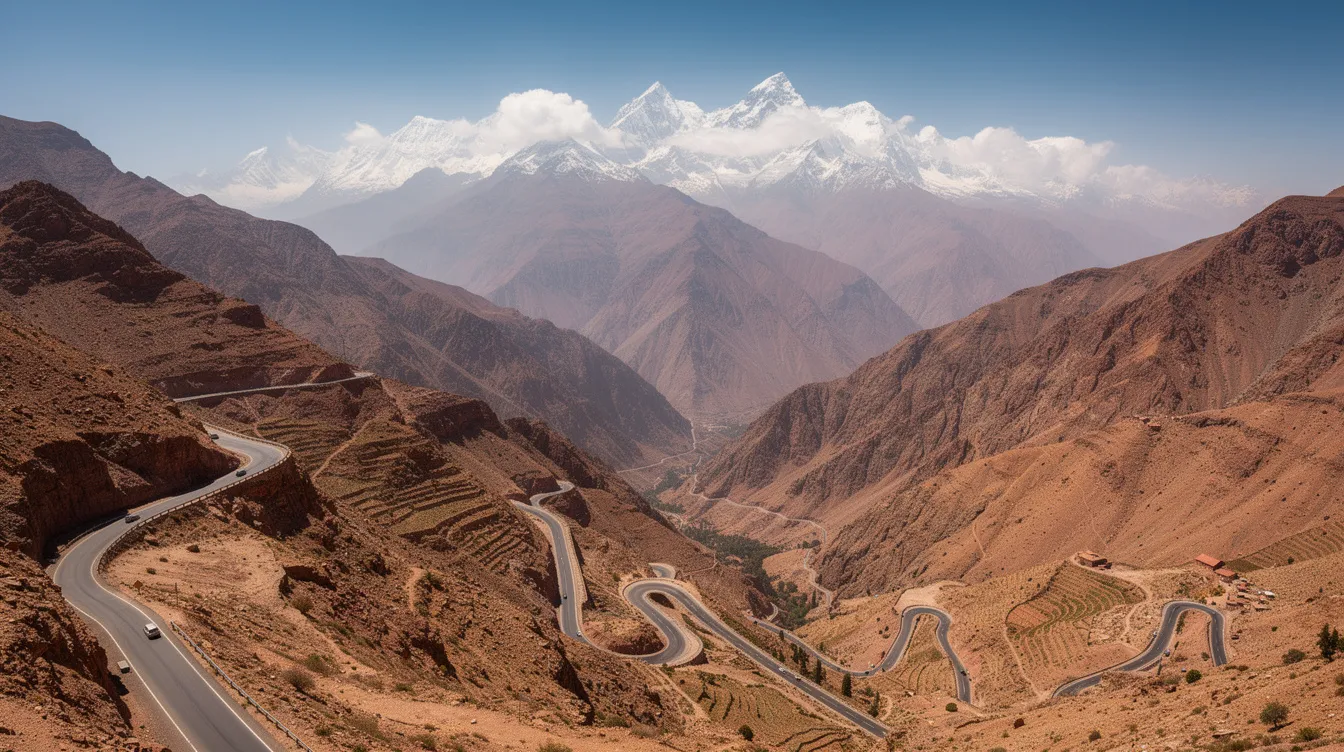 Una carretera serpenteante atraviesa las montañas del Alto Atlas en Marruecos, con picos nevados visibles en el horizonte. Este paisaje montañoso es ideal para disfrutar de trayectos en vehículos 4x4, ofreciendo una experiencia de conducción única en un entorno natural impresionante.