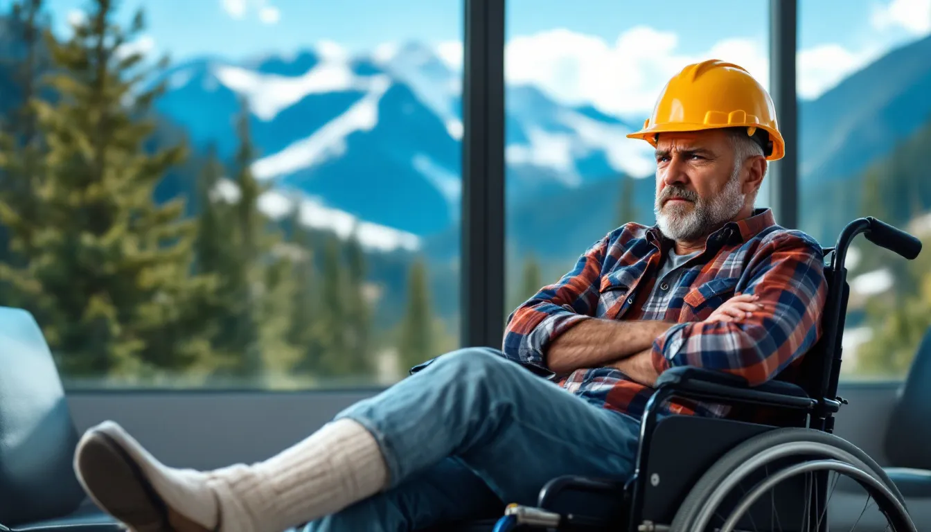 An injured worker sits frustrated in a cast and hard hat, reflecting the emotional toll of being denied their workers compensation claim. The scenic backdrop of Colorado highlights the contrast between their workplace injury and the beauty of the surroundings.