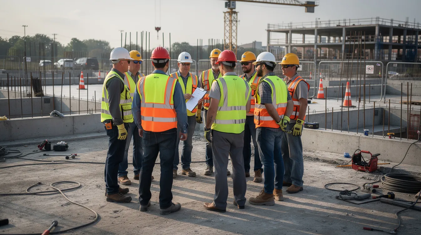 A group of skilled workers, wearing safety vests and hard hats, is gathered in a morning safety huddle on a construction site, with concrete forms visible in the background. This scene highlights the importance of safety training and teamwork in the construction industry, essential for successful project management and workforce development.
