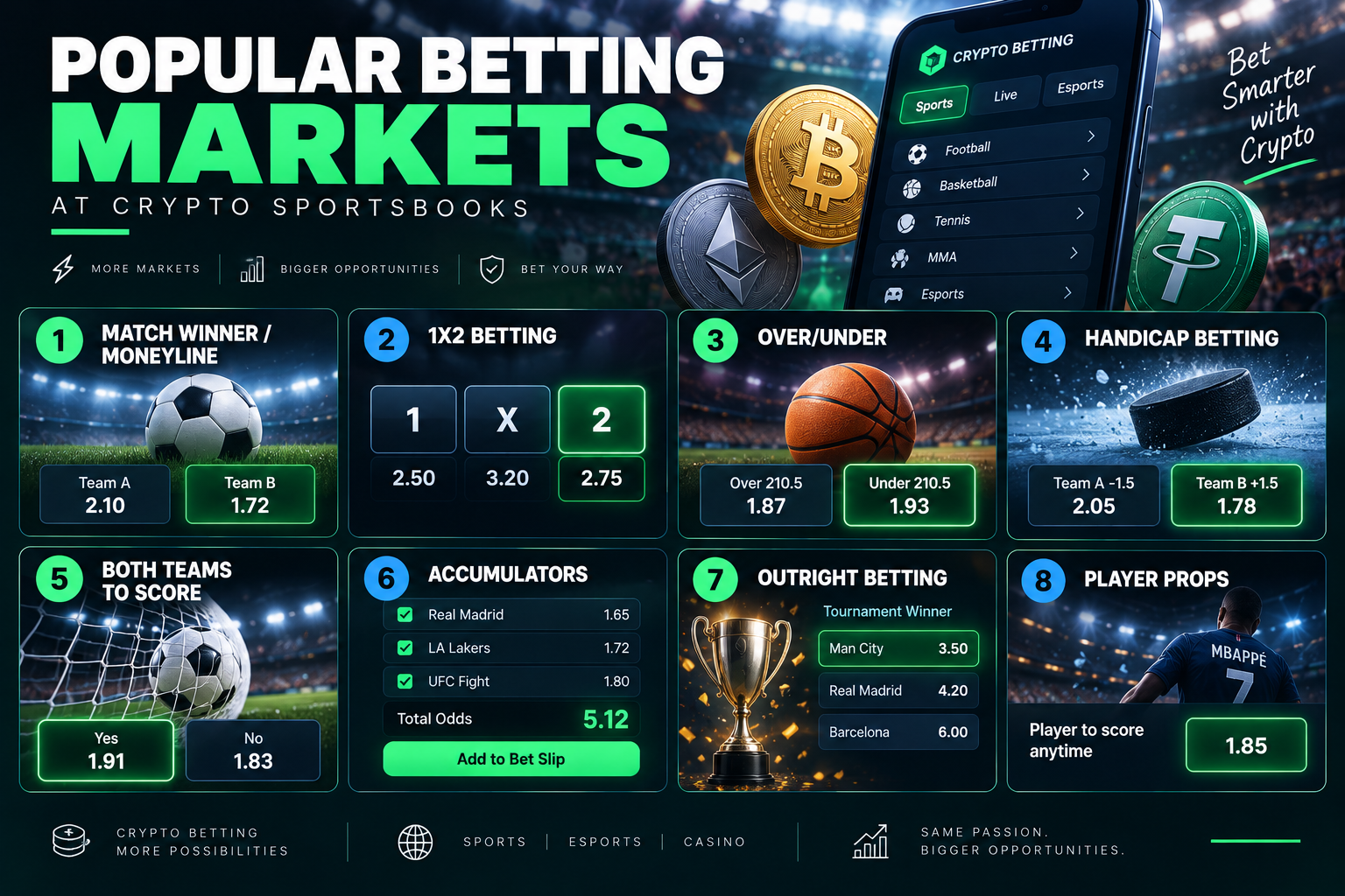 Infographic showing popular betting markets at top Bitcoin sportsbooks, including 1X2, moneyline, handicaps and accumulators.