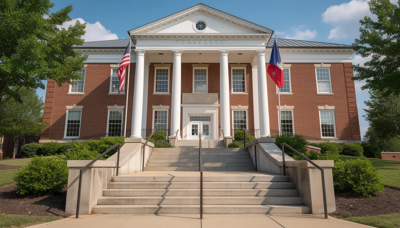 The image shows the exterior of a Tennessee courthouse, featuring a set of steps leading up to the entrance, surrounded by a well-maintained landscape. This courthouse is often where landlord-tenant disputes are addressed, including issues related to lease agreements and eviction processes.