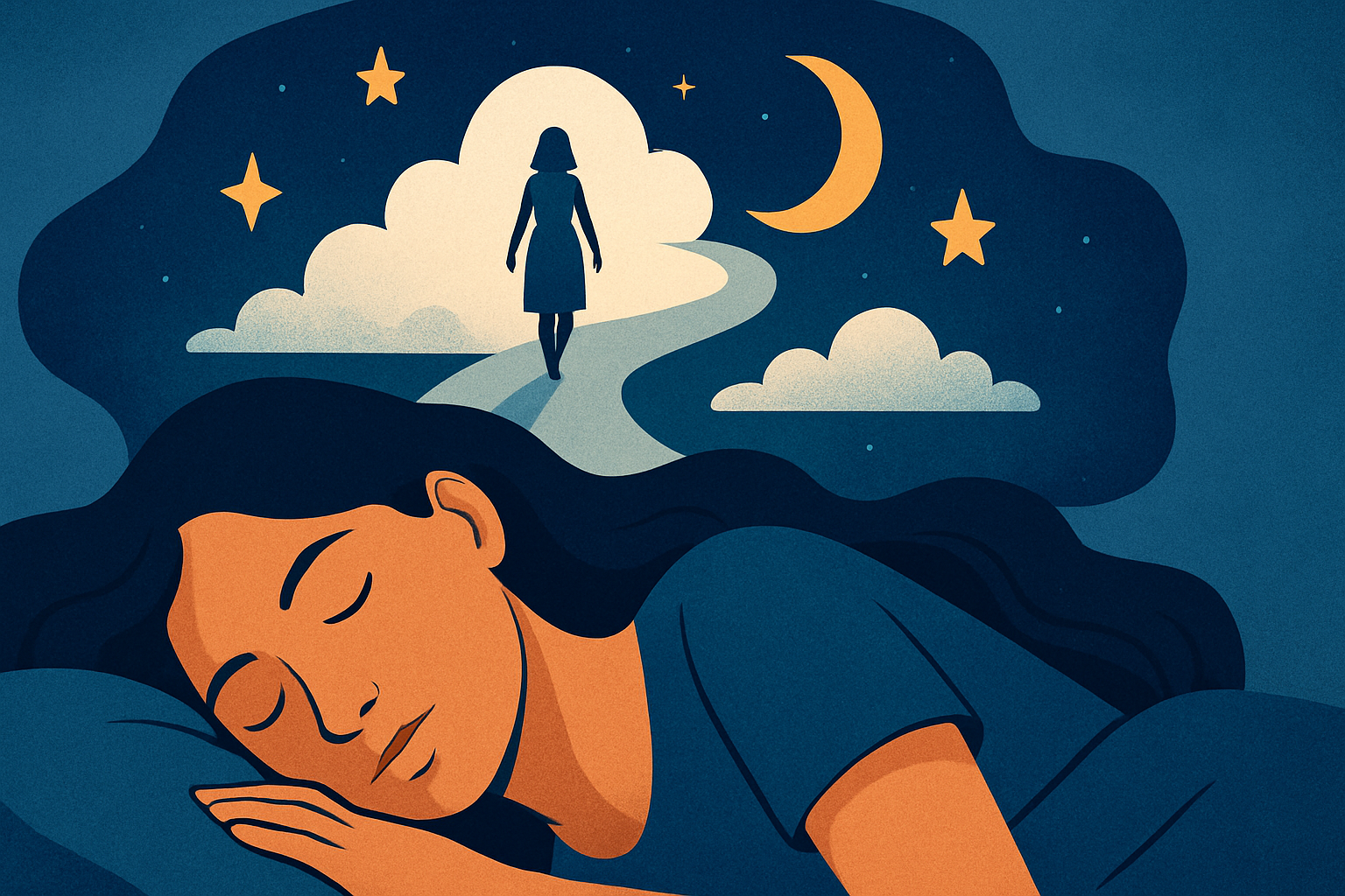 "Kvinne sover fredelig, mens drømmeverden med måne, stjerner og skyggefigur symboliserer REM-søvnens viktige fase."