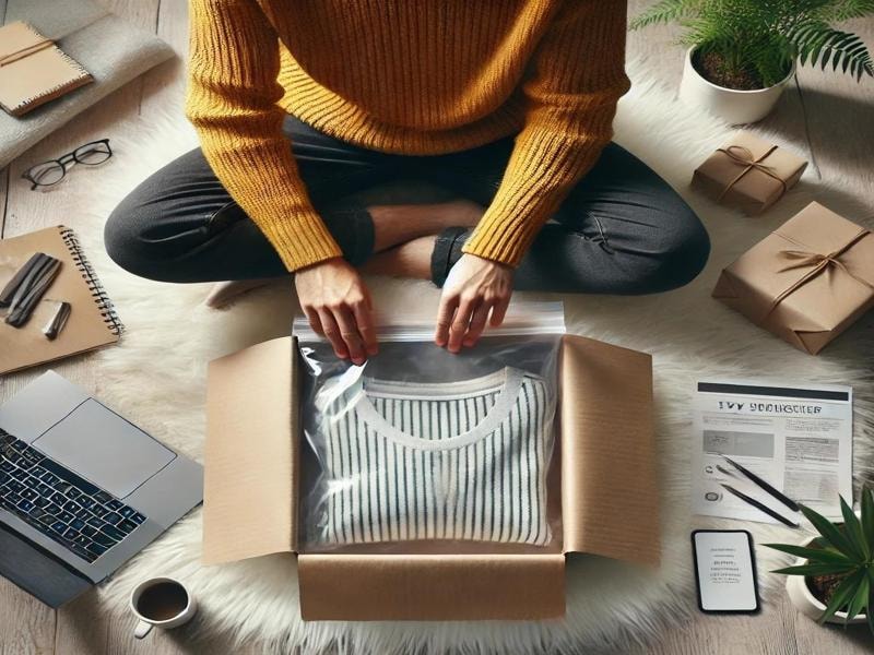 A person in a yellow sweater sits cross-legged on a fluffy white rug, placing a folded striped shirt into a transparent poly mailer. Around them are a laptop, gift boxes, notebooks, and potted plants.